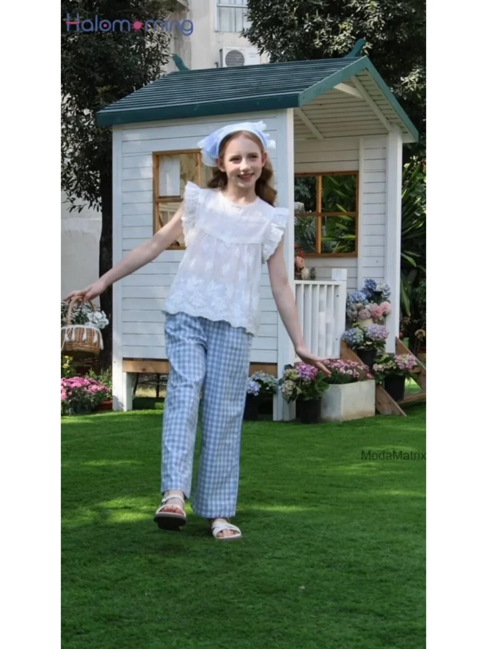 Girls Gingham Cotton Blend Pants Elastic High Waist Casual